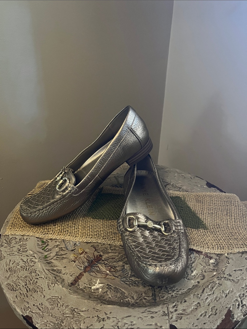 Anne Klein Metallic Pewter Loafers with Horsebit Accent